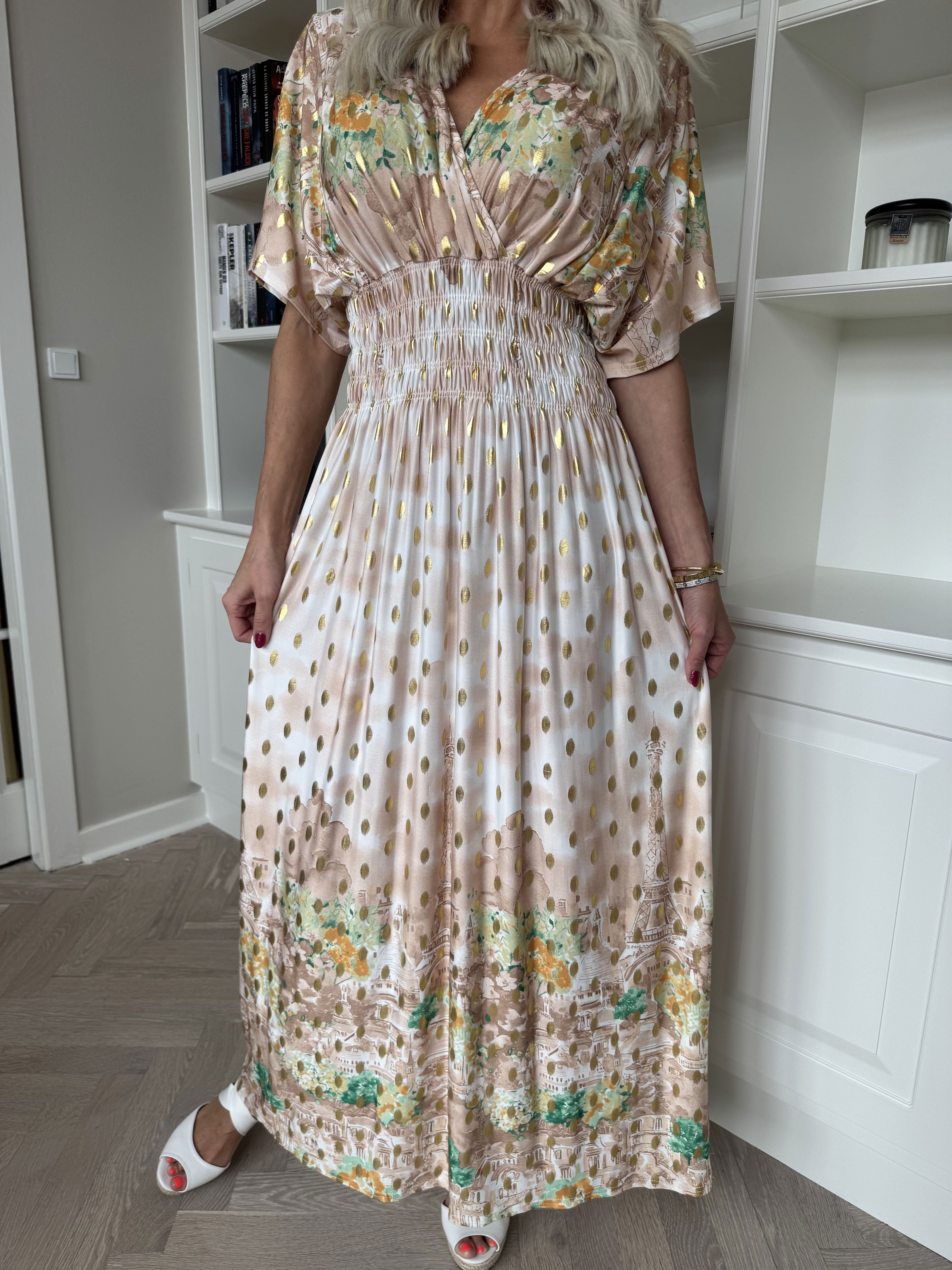 Pams Paris - Lång elastisk mönstrad klänning med guldnitar